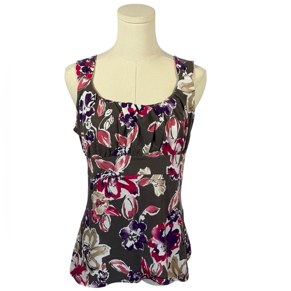 Ann Taylor Brown Tank Top w/ Purple & Pink Floral Pattern (Size L) - Picture 1 of 3